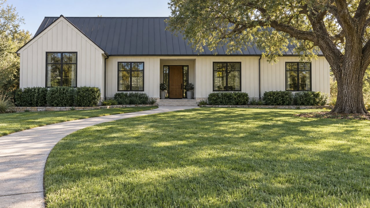 Off-white gabled home beyond a broad lawn, with a pale concrete path and mature oak at right.