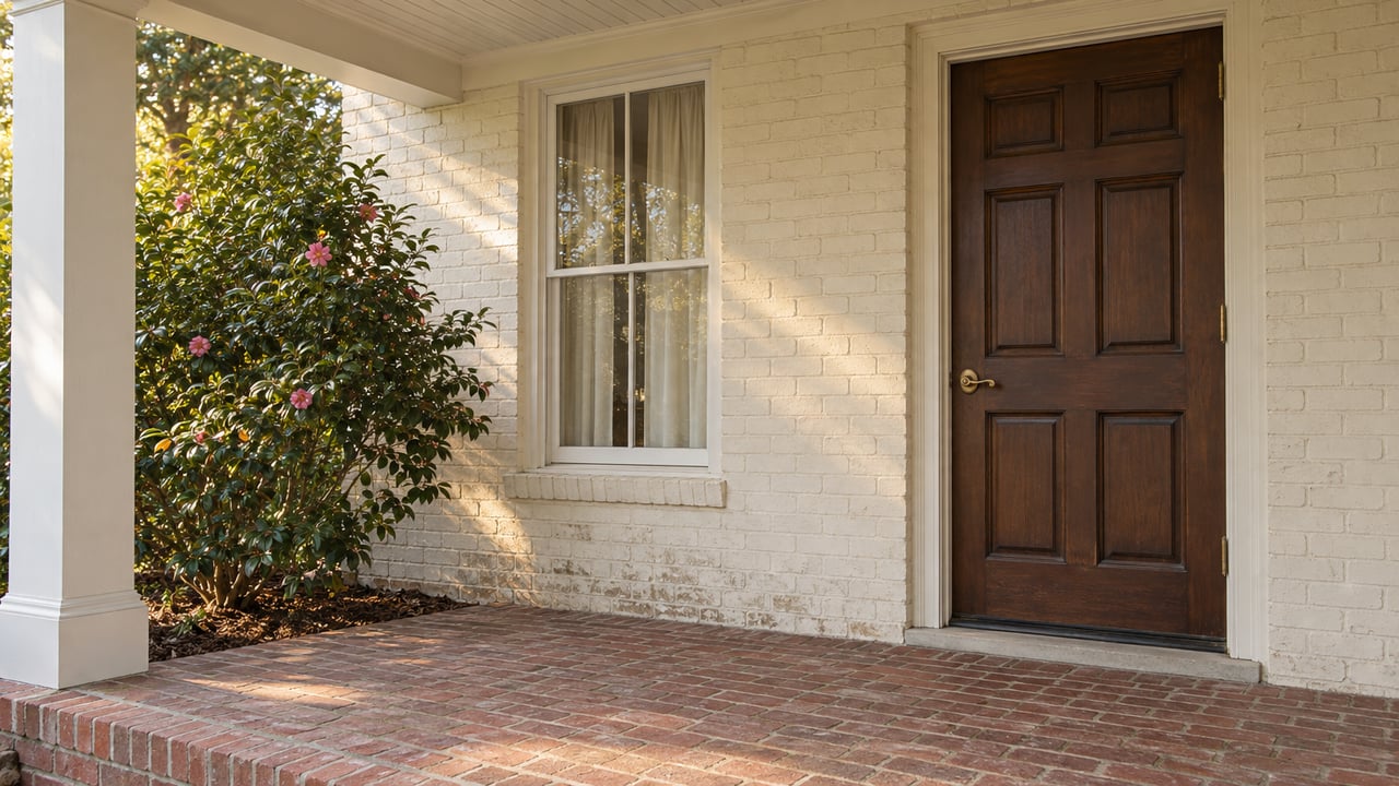 Cream-painted brick front porch with a dark timber door, tall sash window, worn red brick paving and a mature camellia beside a white column.