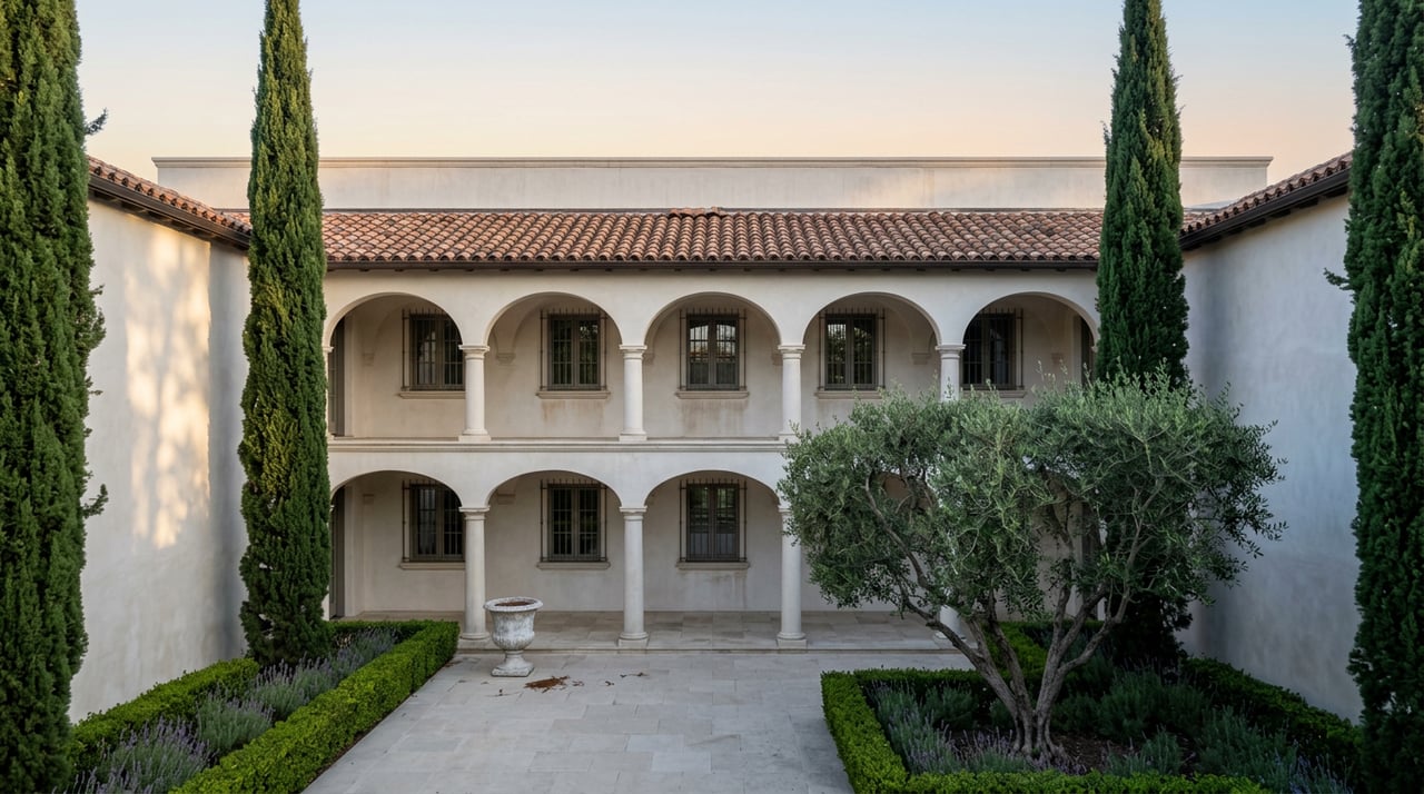 Symmetrical stucco villa with arched loggia, flanked by cypress trees, overlooking a limestone courtyard and olive tree.