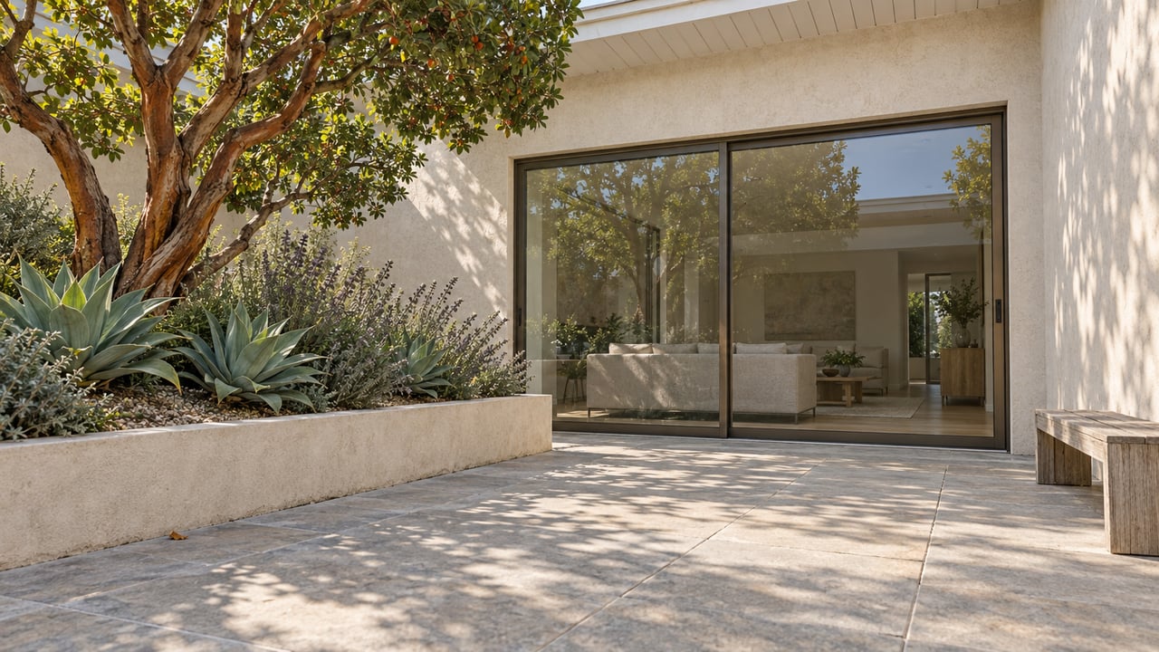 Modern home patio with agave, lavender, a leafy tree, and sliding glass doors to the living room.