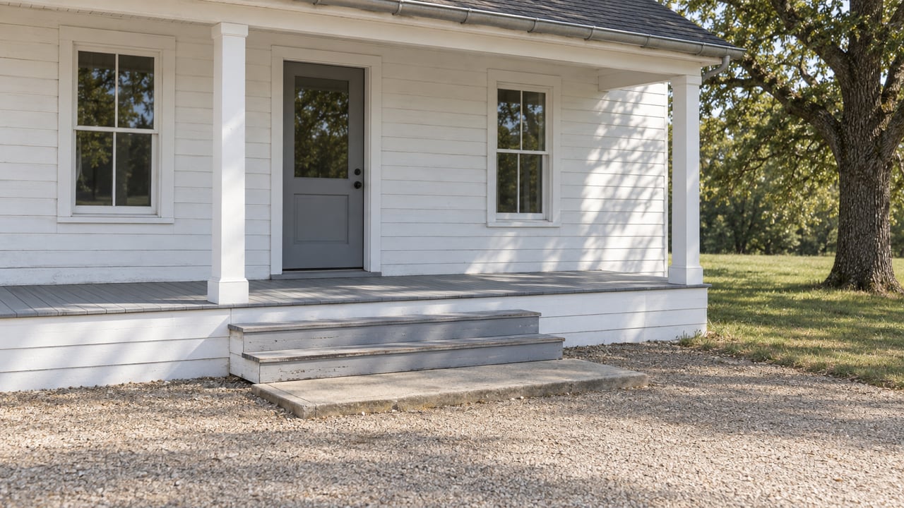 White timber farmhouse entry with paired sash windows, weathered porch steps and a concrete landing beside a gravel approach and mature oak.