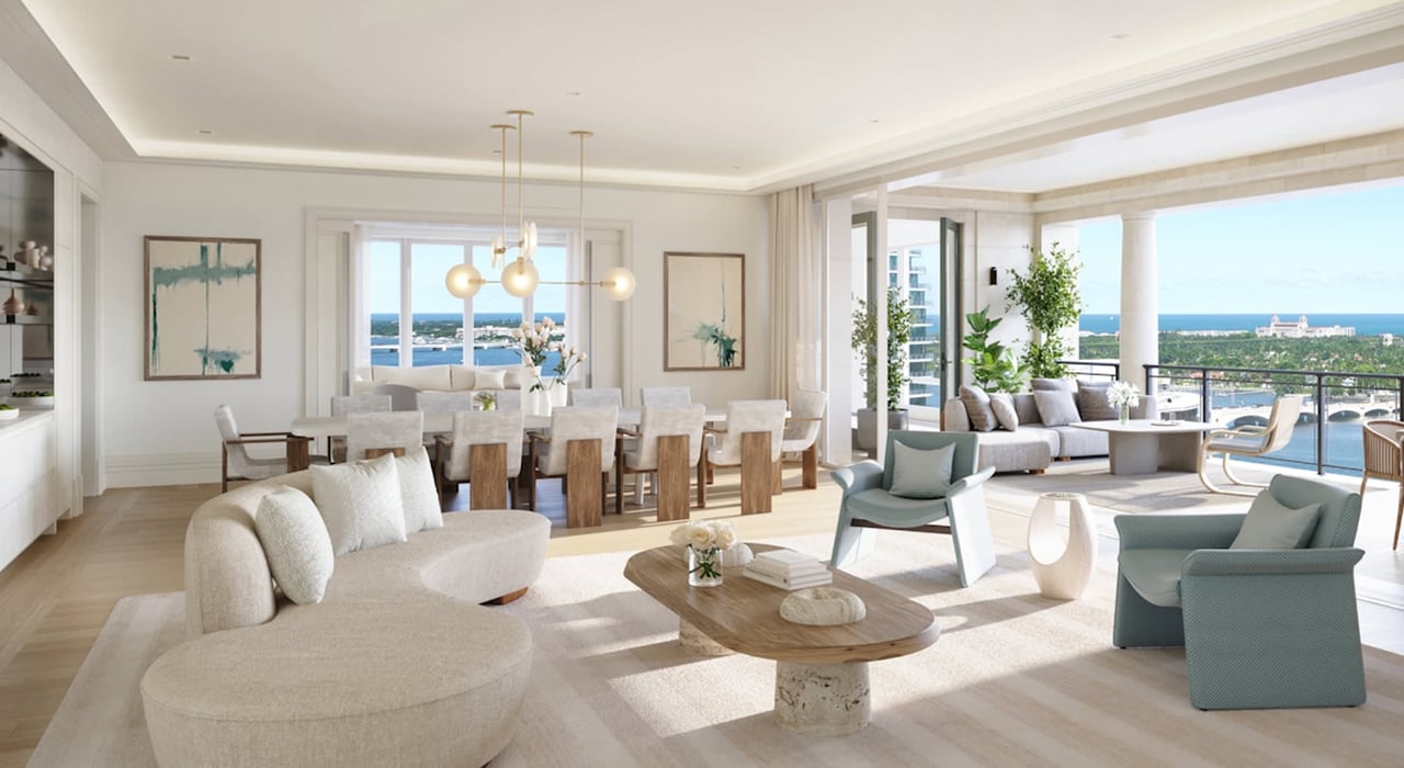 South Flagler House white, wood and blue theme living/dining area open to the outdoor terrace overlooking intracoastal, Palm Beach Island and ocean