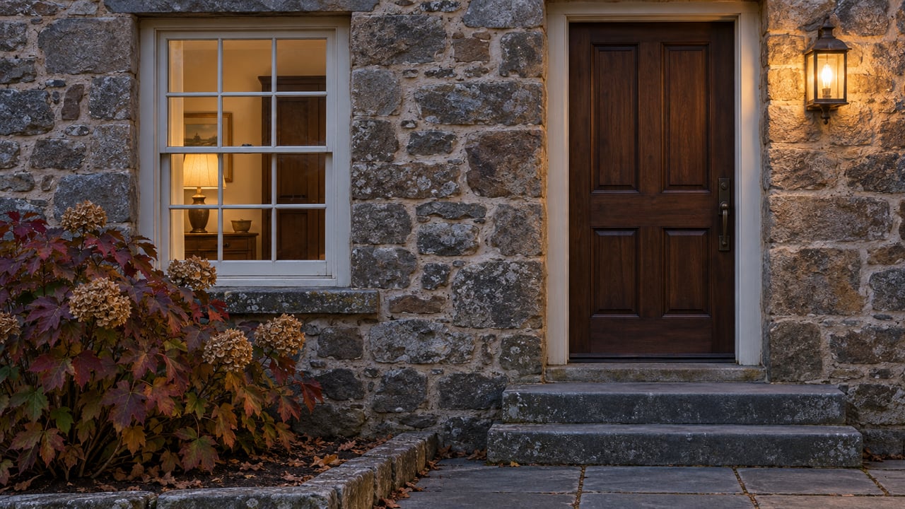 Blue-hour view of a fieldstone house with a walnut front door, illuminated sash window, bluestone steps and autumn oakleaf hydrangea.
