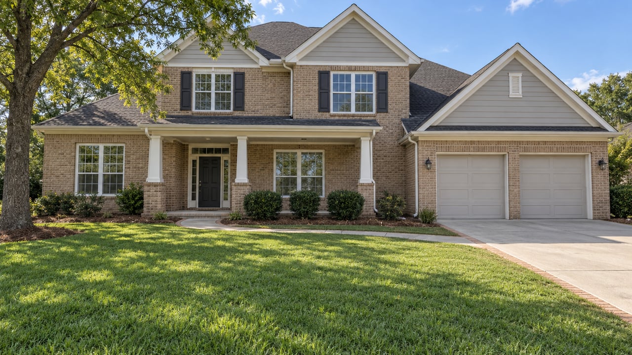 Brick and pale-gray siding home with layered gables, a covered porch, a deep lawn and a curved concrete entry walk.