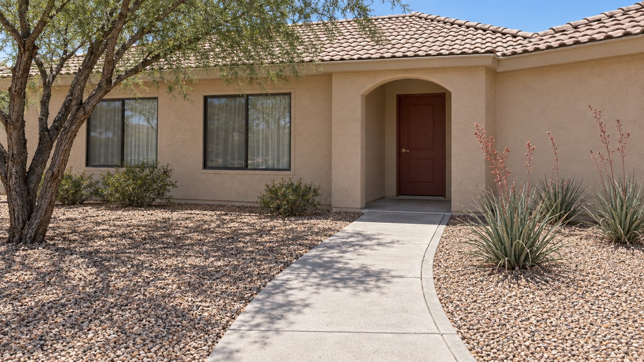 Sunlit sand-colored stucco home with a low tiled roof, red door, generous gravel front yard, mesquite tree and red yucca planting.