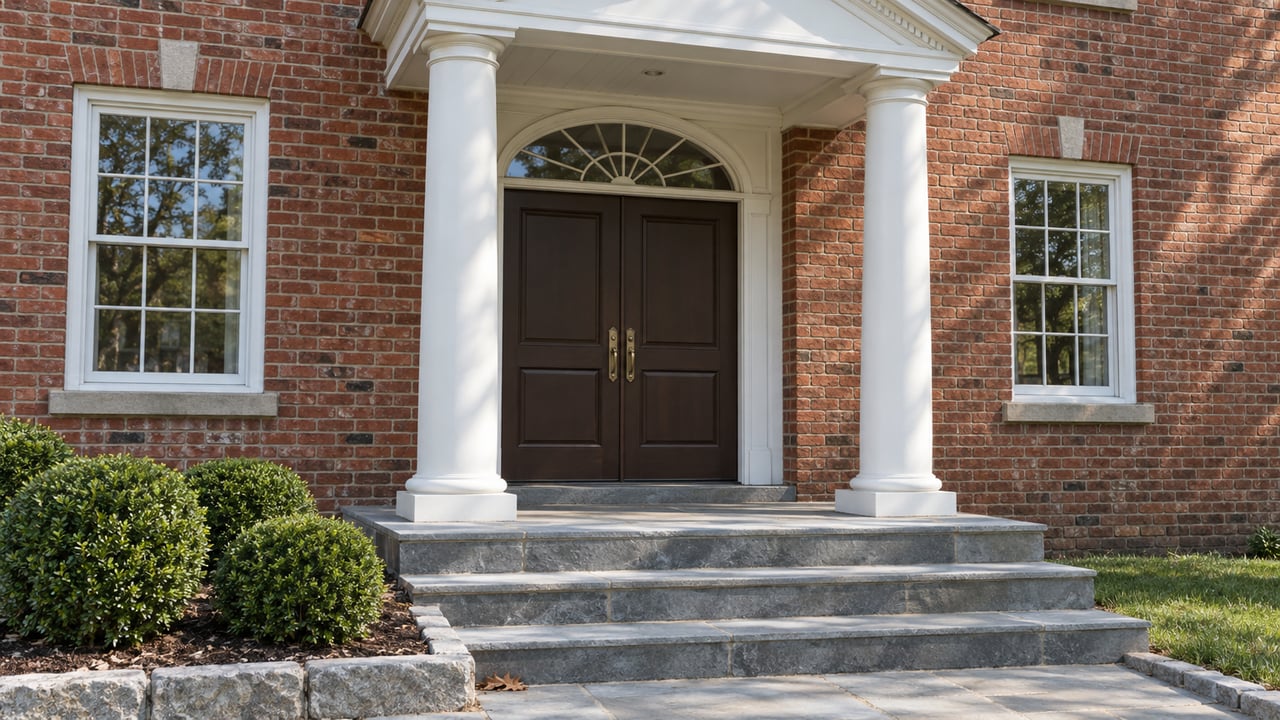 Red brick home entrance with a white columned portico, brown double doors and weathered bluestone steps beside clipped boxwood.