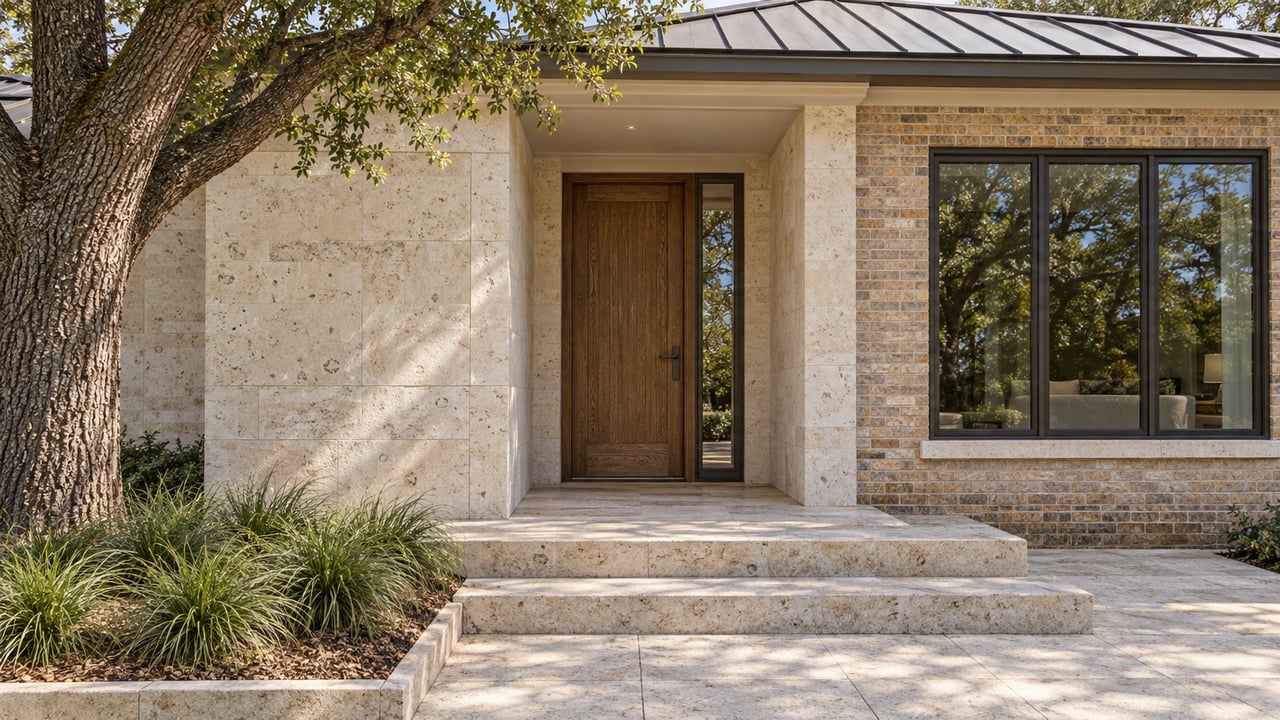 Limestone porch and oak entry door beside a buff brick wing with dark-framed windows, a mature live oak, and a stone-bordered sedge bed.