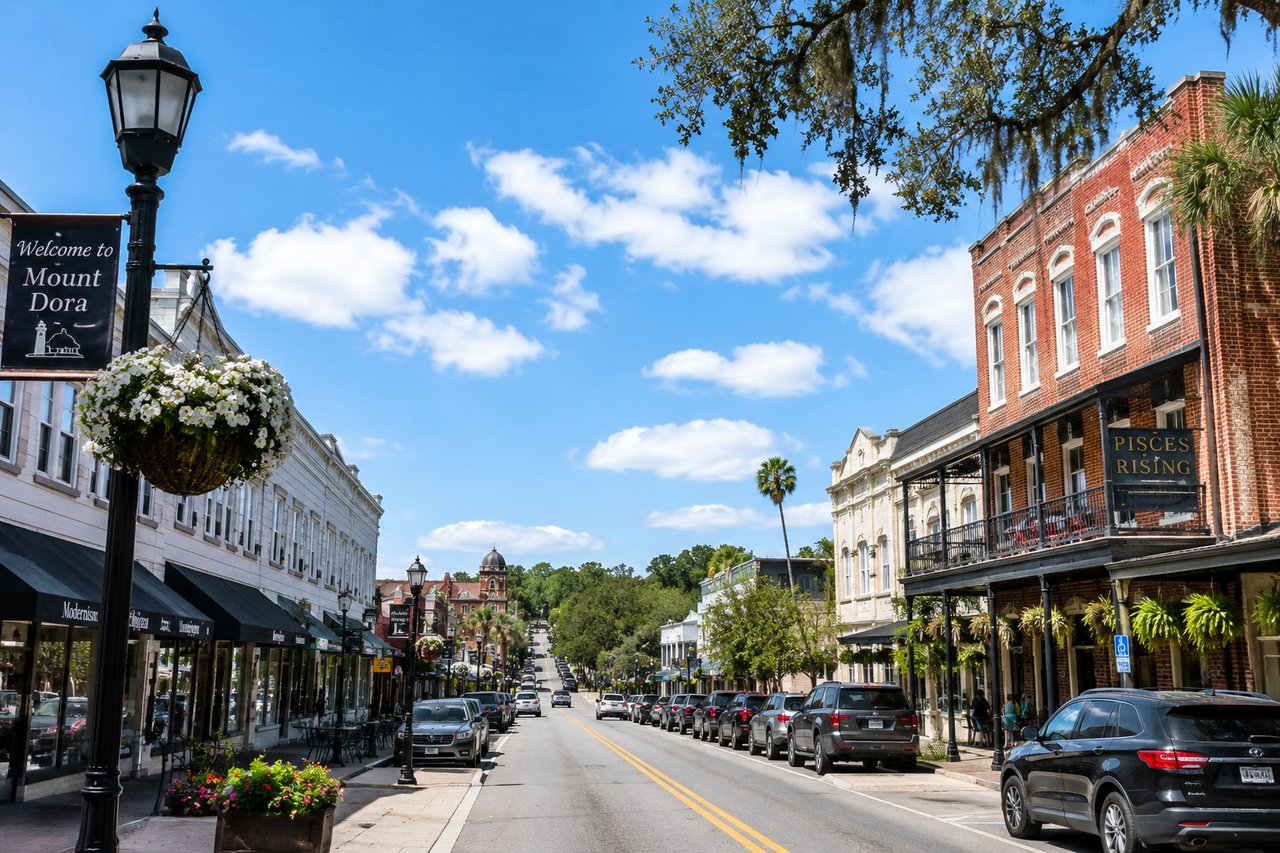 Historic downtown Mount Dora, Florida, featuring charming brick storefronts, boutique shops, tree-lined streets, and classic small-town architecture