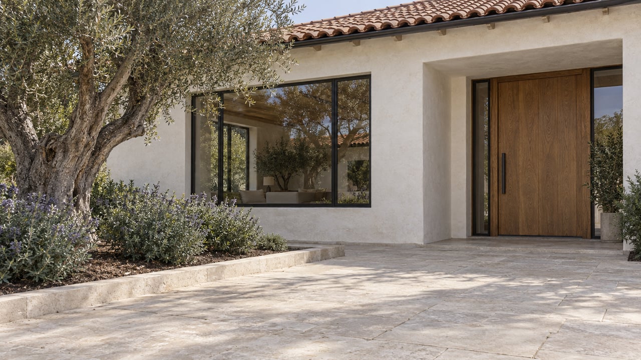 Sunlit white-stucco home with a clay-tile roof, oak entry door, limestone approach and a sculptural olive tree.