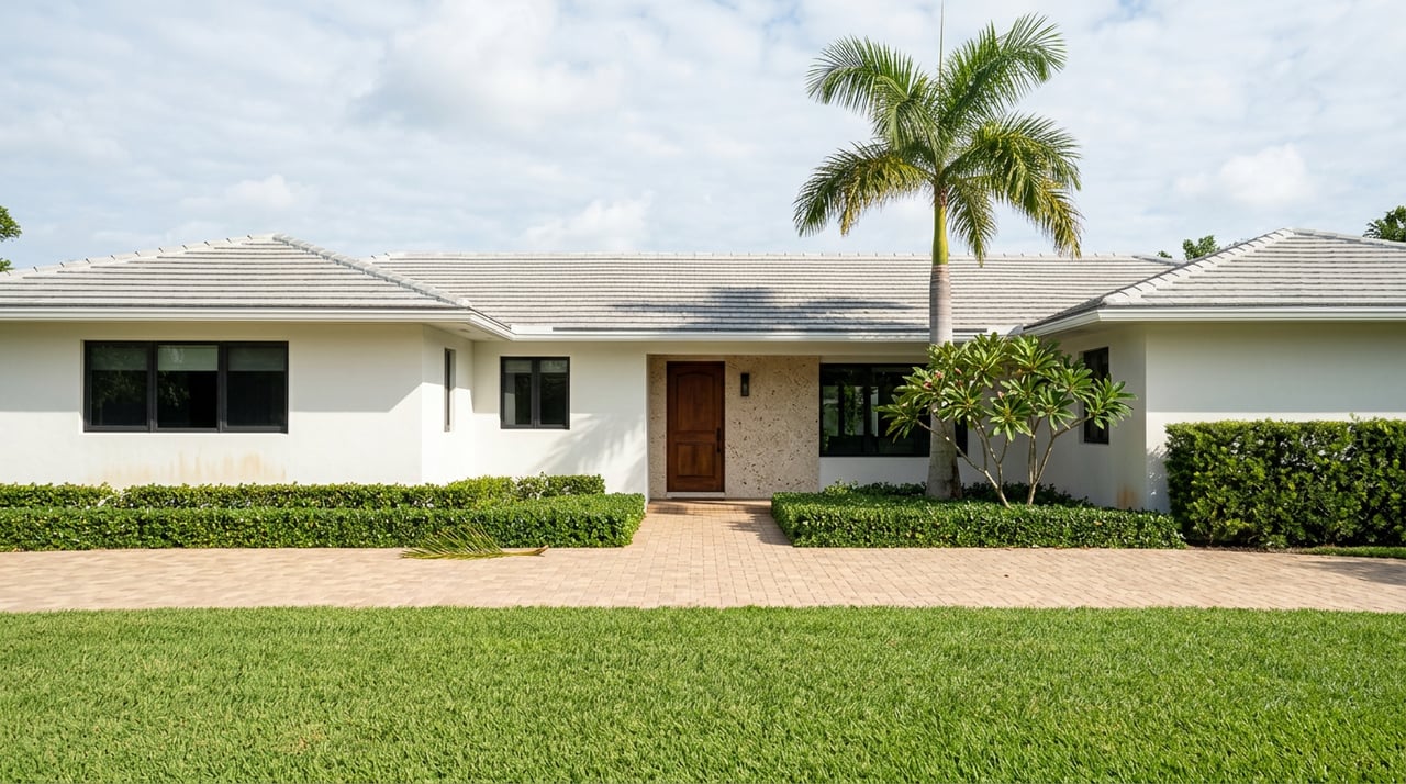 Single-story white stucco residence with coral stone accents, a paver motor court, deep lawn, and tall palm.
