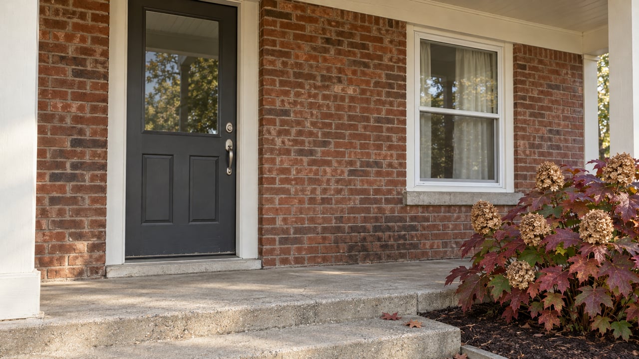 A red-brown brick home's covered entry with a charcoal door, white-trimmed window and burgundy oakleaf hydrangea beside a worn concrete step.
