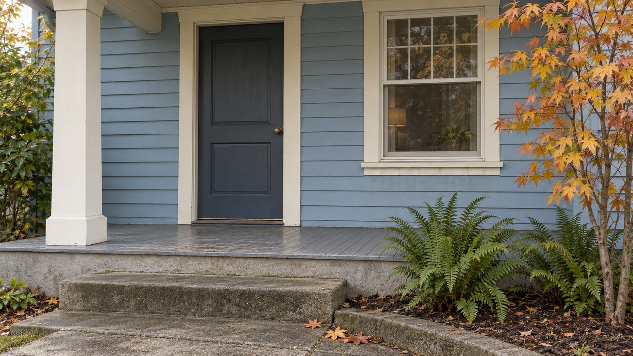 Autumn light on a blue lap-sided home's covered porch, cream post, closed door, sash window and weathered concrete steps beside vine maple and sword ferns.