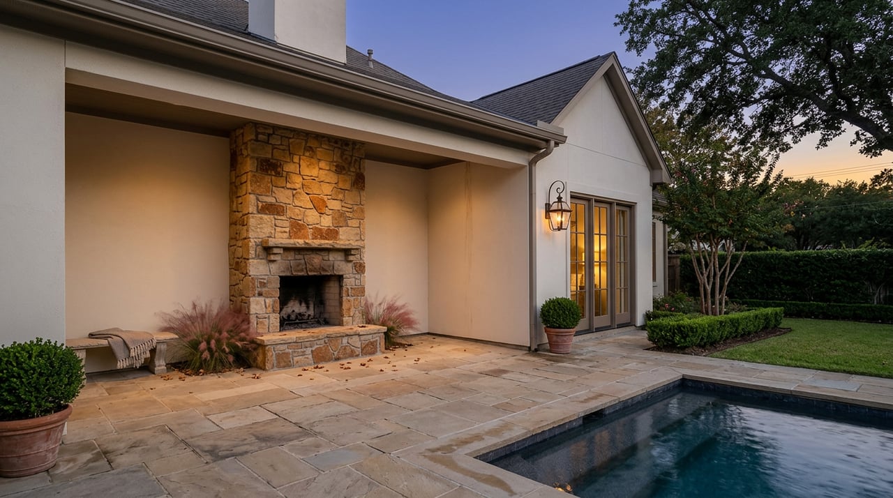 Dusk patio with a stacked-stone fireplace, warmly lit French doors, pool corner, and flagstone paving.