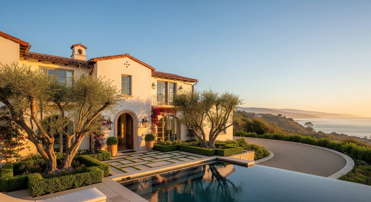 Mediterranean-style villa beside a rectangular pool, with coastal hills and ocean in the background.