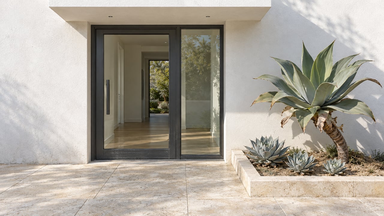 Sunlit white stucco home entrance with a closed glass door, pale limestone paving and a stone-edged pocket of agave and chalky succulent rosettes.