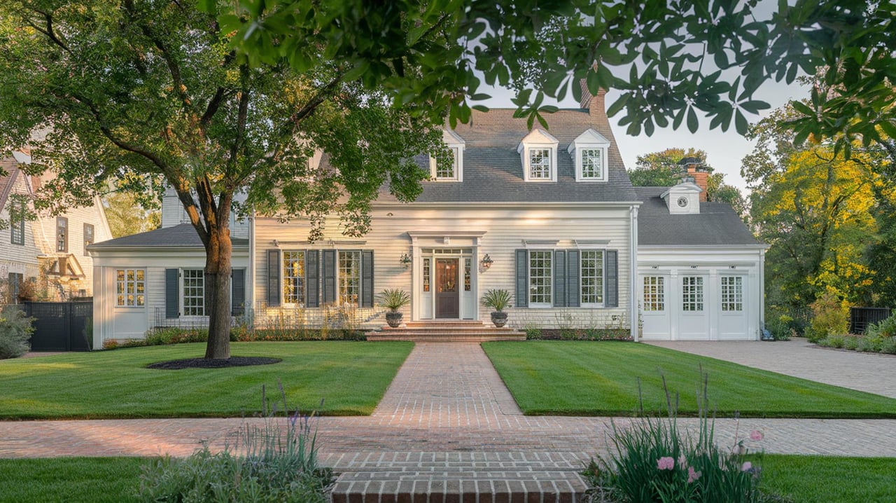 Large gray house with white trim, a brick walkway, two-car garage, and mature trees.