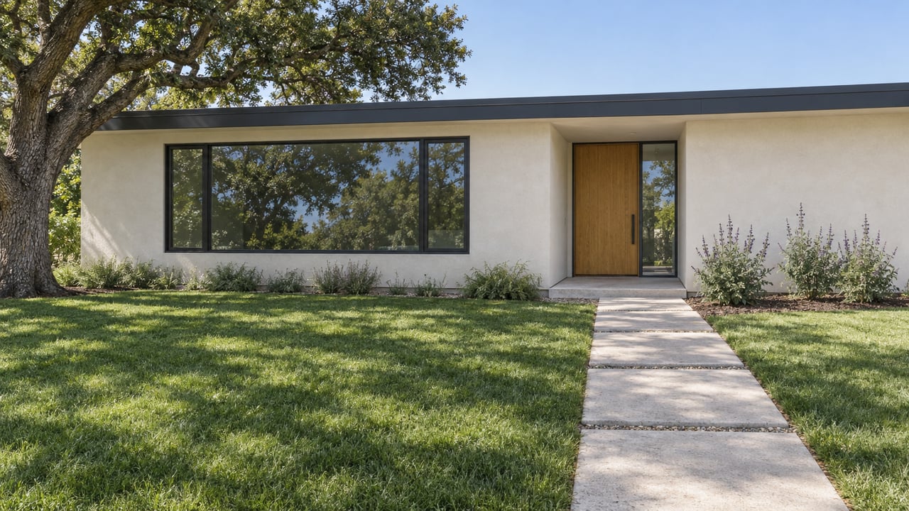 A low white-stucco home with dark window frames, a recessed wood entry, and a concrete approach across a deep lawn beside a mature oak.