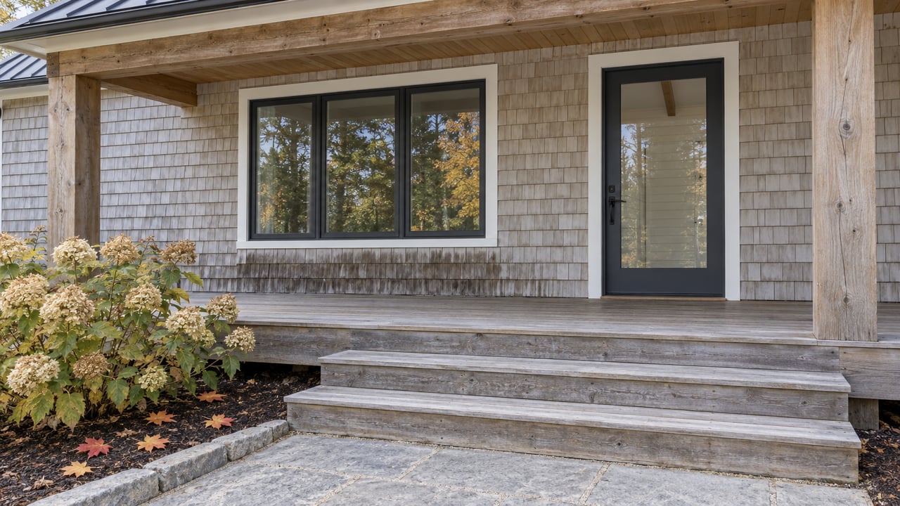 Silvered cedar cottage entry with a timber porch, broad window, weathered steps, limestone landing and one hydrangea.