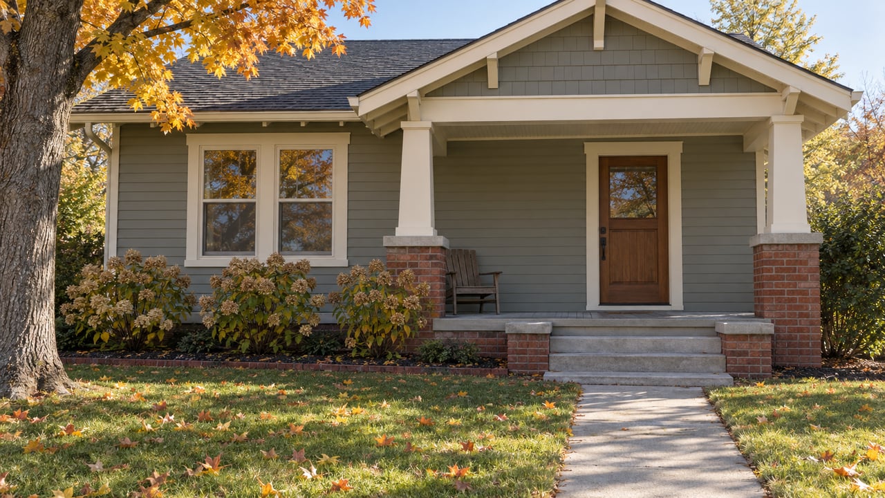 Gray-green bungalow with a brick-based covered porch, concrete front walk and amber maple foliage in morning light.