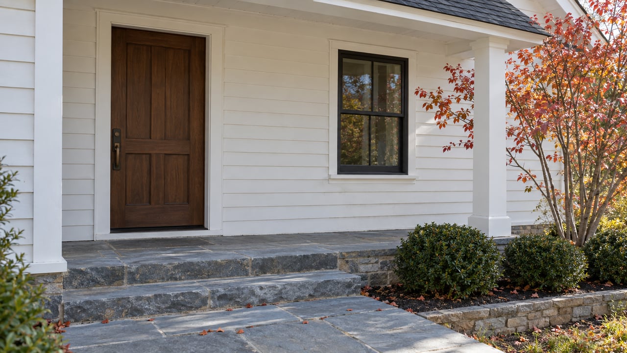 White clapboard house entry with a recessed walnut door, bluestone steps, and copper-red autumn leaves.