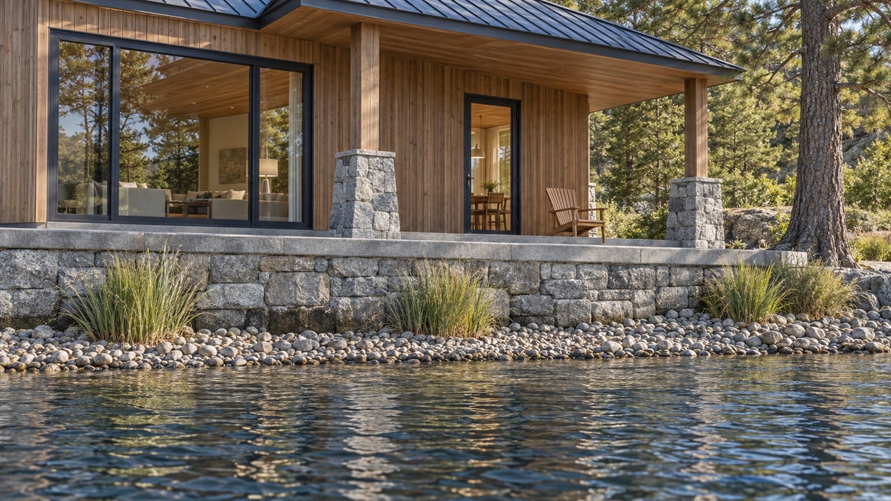 Waterfront home with honey-brown cedar siding, granite terrace, covered deck, and pebble shore beside rippled water.