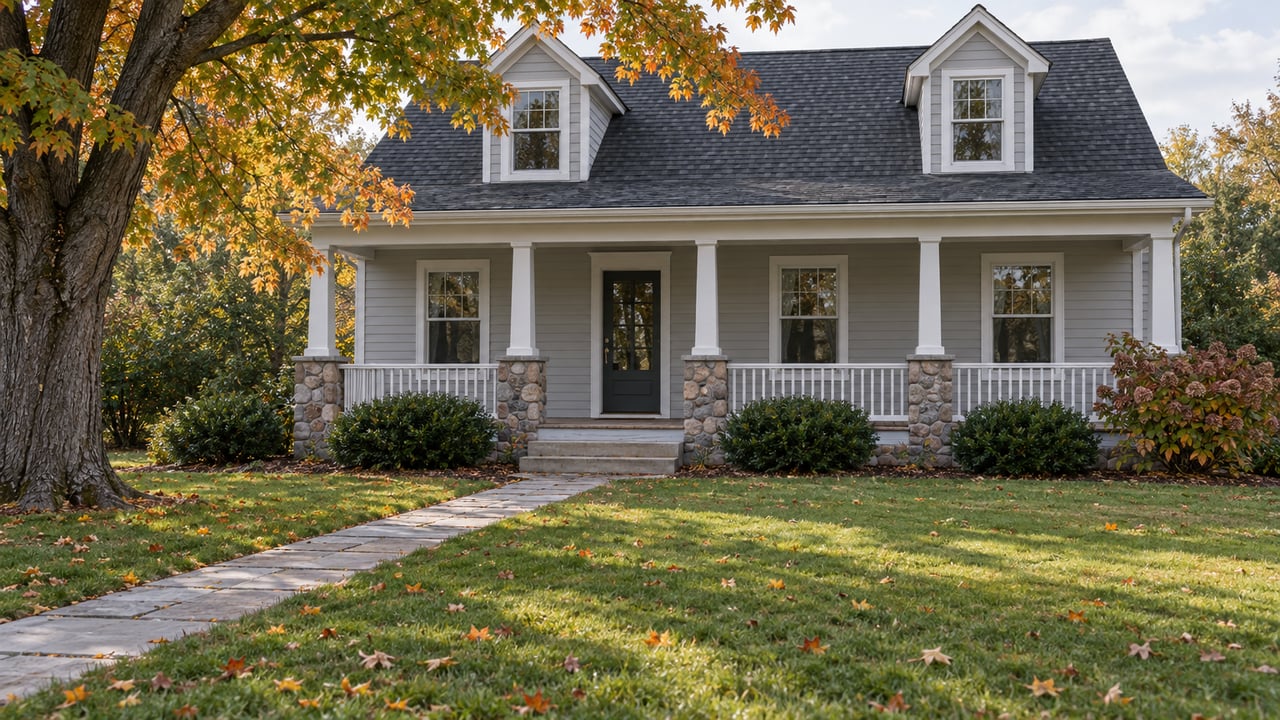 Gray clapboard house with a full-width porch, deep lawn, stone path, and amber maple leaves.