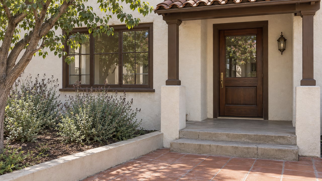 Cream stucco apartment entry with a glazed oak door, broad trimmed window, worn terracotta approach and a planted masonry bed.
