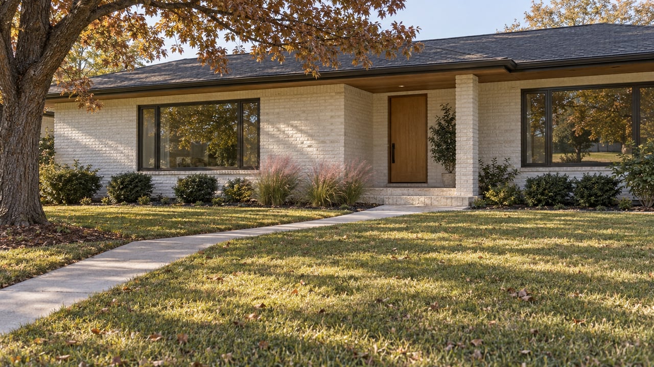 A white-painted brick ranch with bronze-framed windows, an oak entry door, and a broad lawn shaded by a mature oak.