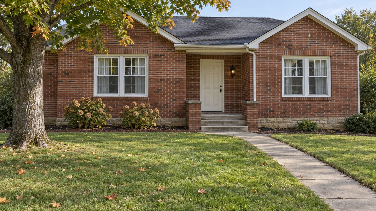 A well-kept single-story brick home with symmetrical windows, a broad lawn, and an established maple tree in early autumn.
