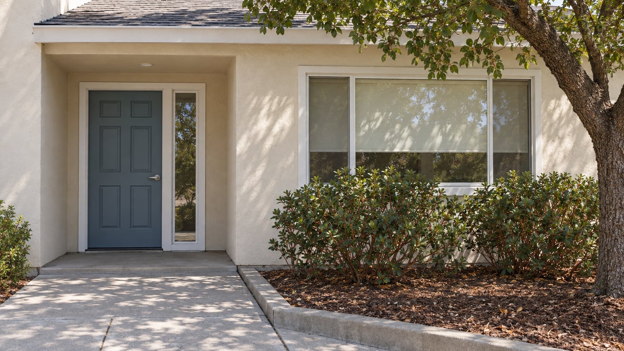 Cream stucco home entrance with a blue door, white-framed window, concrete approach and oak-shaded planting bed.