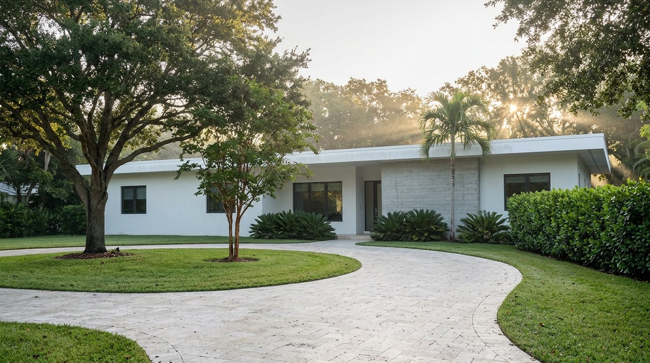 Single-story white stucco home beyond a broad lawn, framed by mature trees and a curving travertine motor court.