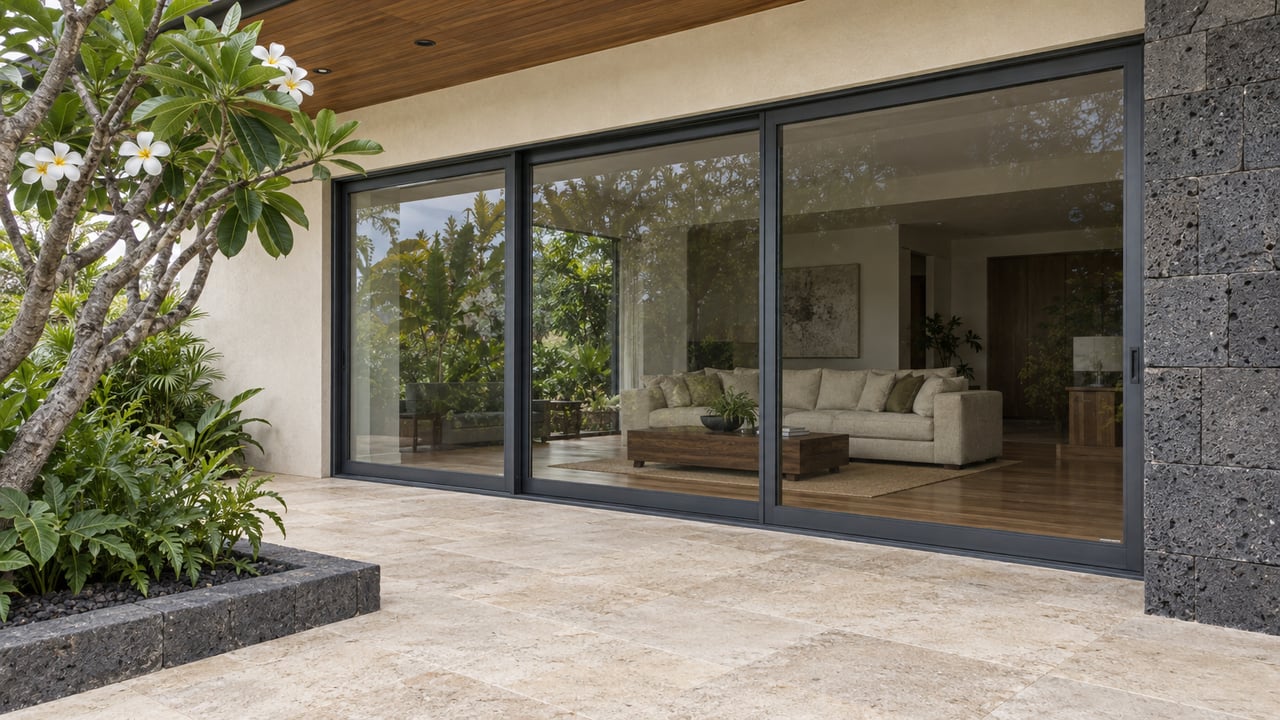 Covered limestone lanai beside closed charcoal-framed glass doors, with a wood soffit, basalt pier and flowering white plumeria.