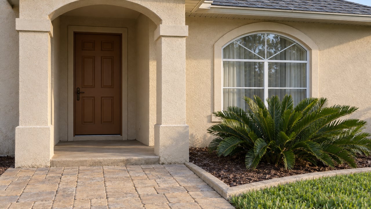 Sand-colored stucco entry with an arched portico, closed wood-toned door, arched window and worn buff pavers beside a coontie planting.