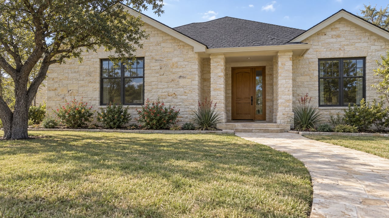 Single-story limestone home with charcoal gables, an oak entry door, broad lawn, and a stone approach bordered by flowering sage.