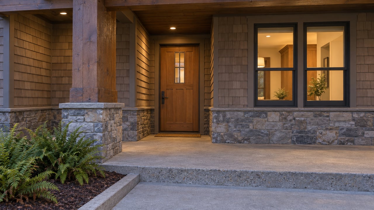 A timber-framed covered entry with weathered cedar shingles, stone bases and warm enclosed windows at blue hour.