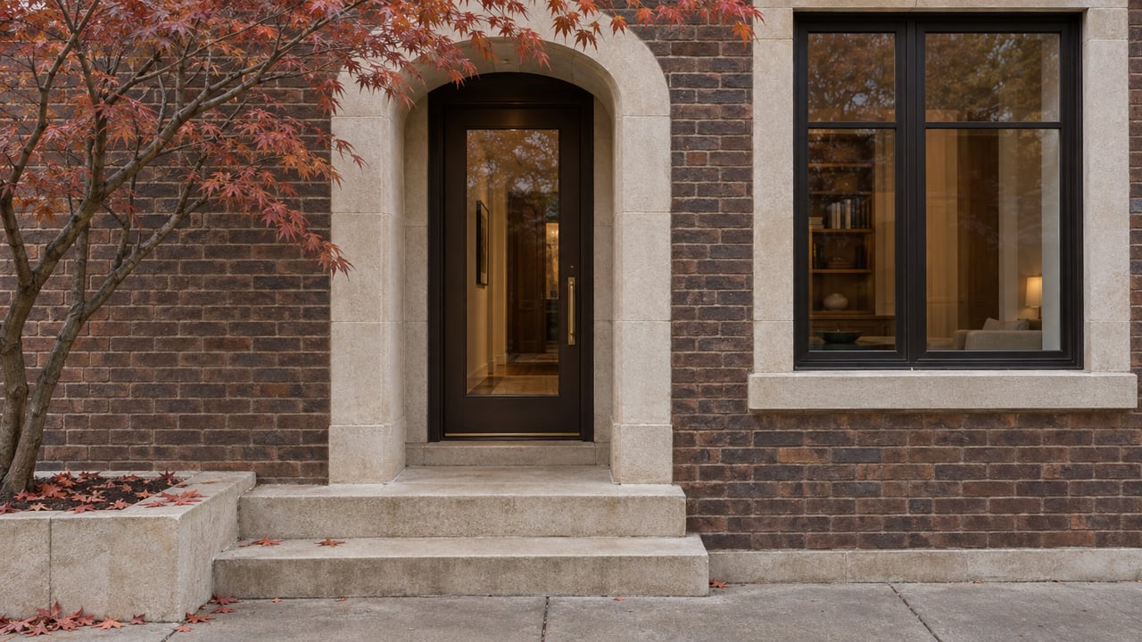 Recessed townhouse entrance with a limestone arch, bronze door, and rust-red maple leaves.