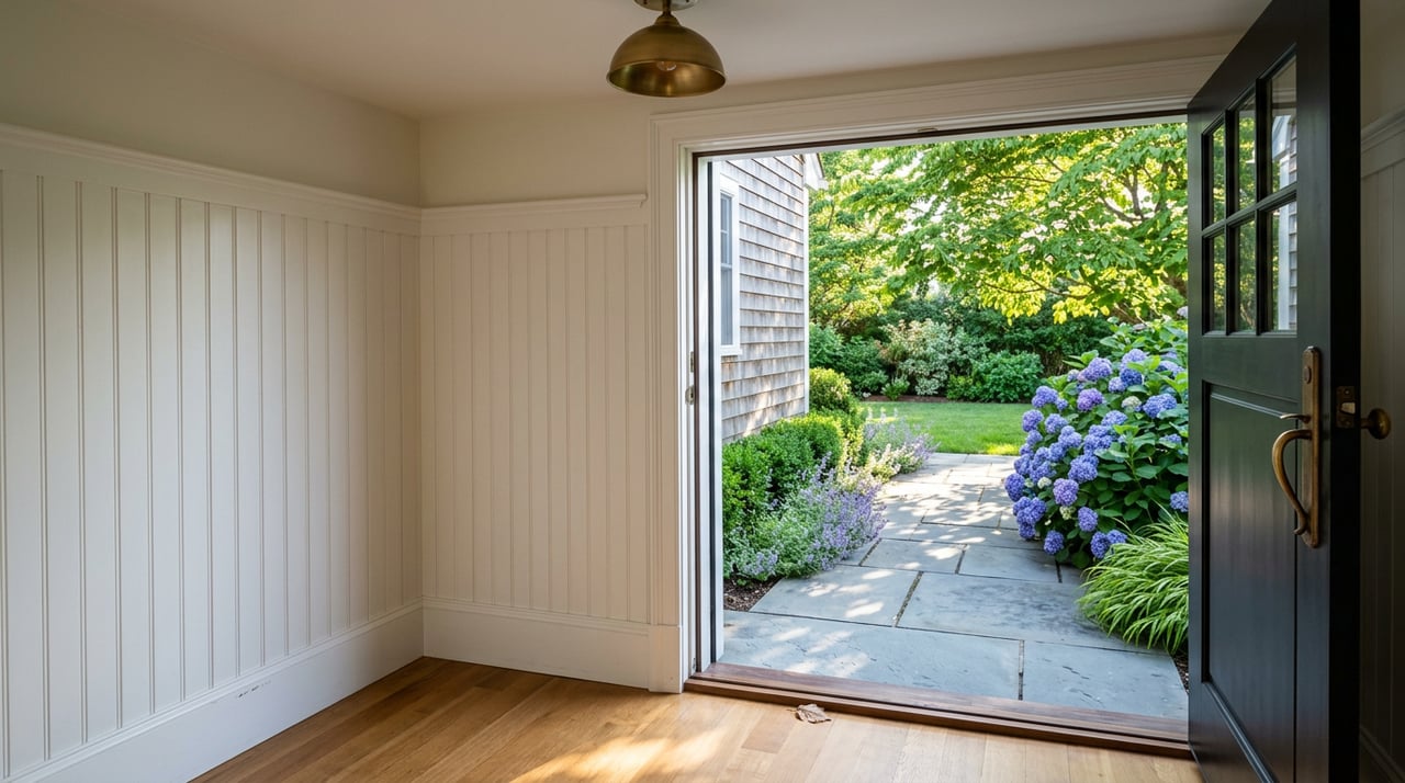 Open Dutch door frames a bluestone landing, blue-purple hydrangeas, and dappled sunlight beneath leafy canopy.