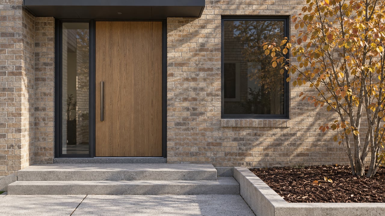 Autumn morning light on a buff-brick home entrance with a wood door, charcoal canopy, concrete steps and an ochre-leaved serviceberry.