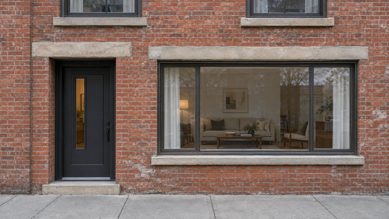 Weathered red-orange brick residence with a charcoal entry door and broad living-room window.