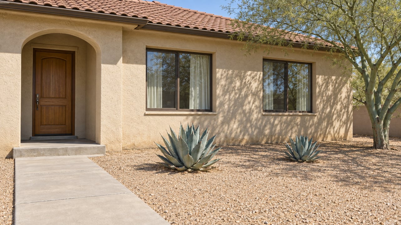 Buff stucco home with a reddish tile roof, shaded arched entry, concrete walkway and a blue palo verde beside two compact agaves.