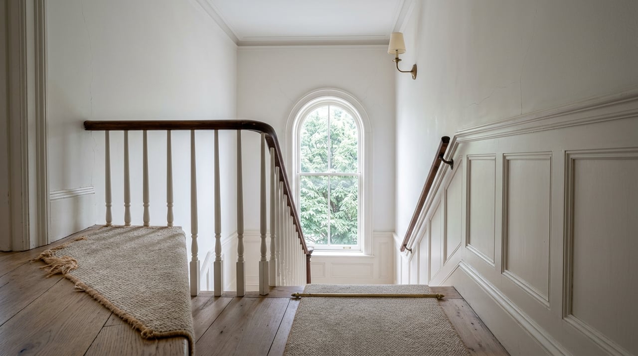 White-baluster staircase with a worn walnut handrail, oatmeal runner, and arched landing window.