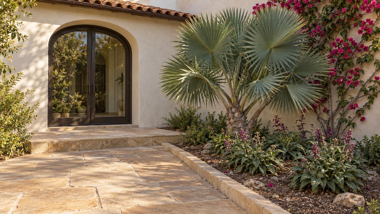 Ivory stucco home with arched bronze-framed glass doors, a sandstone garden path and sculptural fan aloe beside flowering bougainvillea.