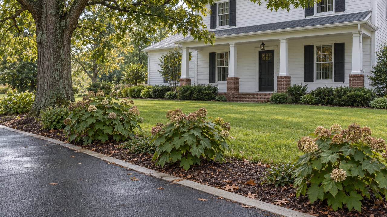 White clapboard house with a brick porch, beyond a curving path and broad lawn edged by oak and hydrangeas.
