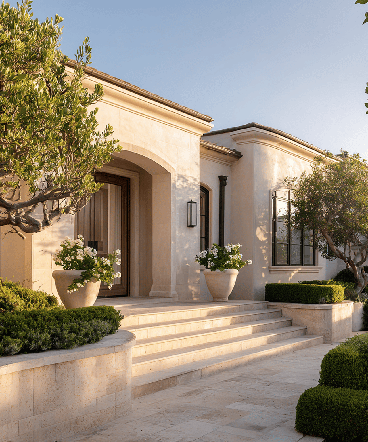 Cream-colored home with an arched entry, broad stone steps, flowering planters, and manicured hedges.