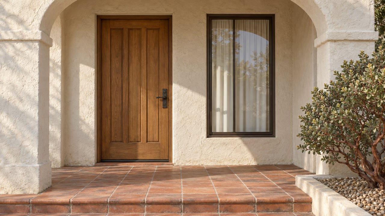 Sunlit cream stucco porch arch framing an oak front door and bronze-framed window above worn terracotta paving, with a sculptural manzanita at the edge.
