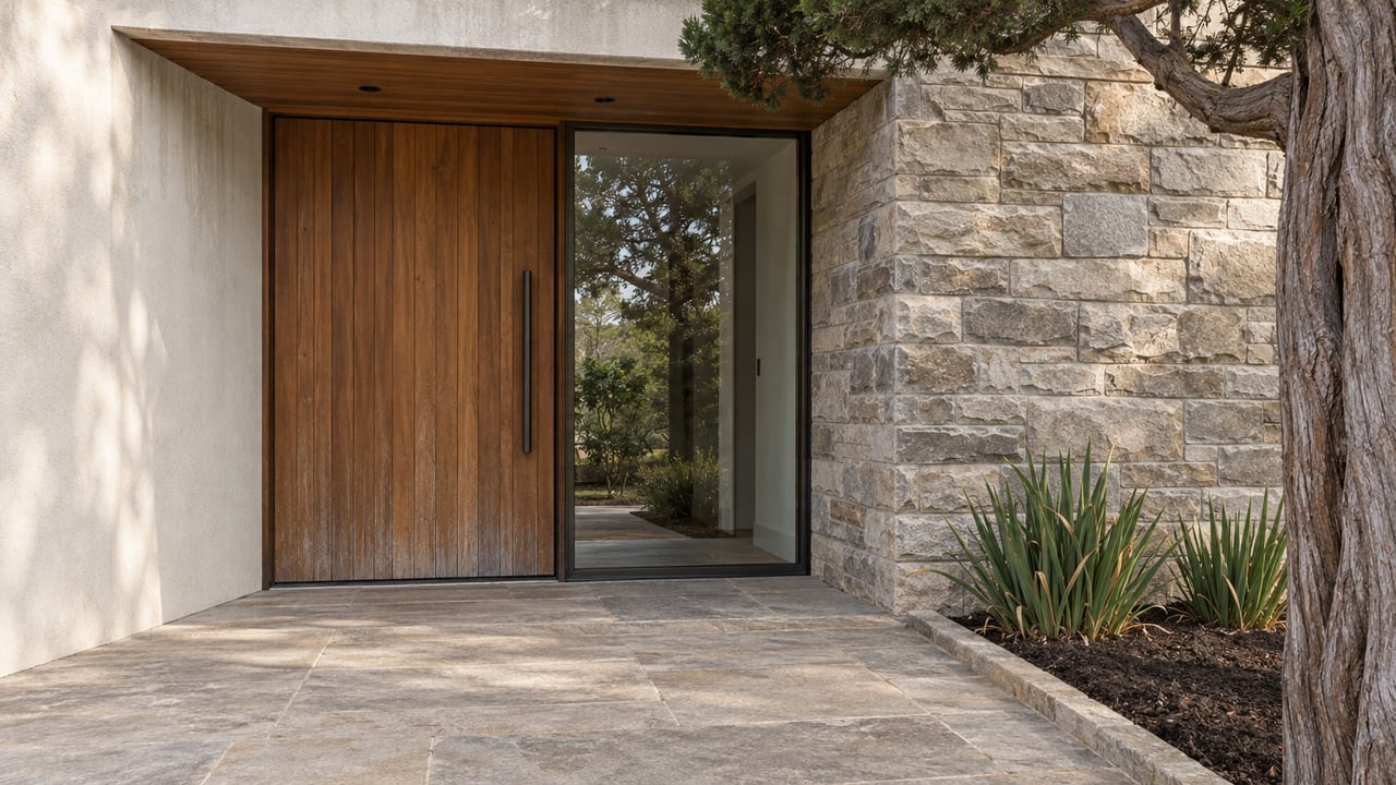 Cedar entrance door and bronze-framed sidelight beneath a wood soffit, beside textured sandstone and a twisting cypress trunk.