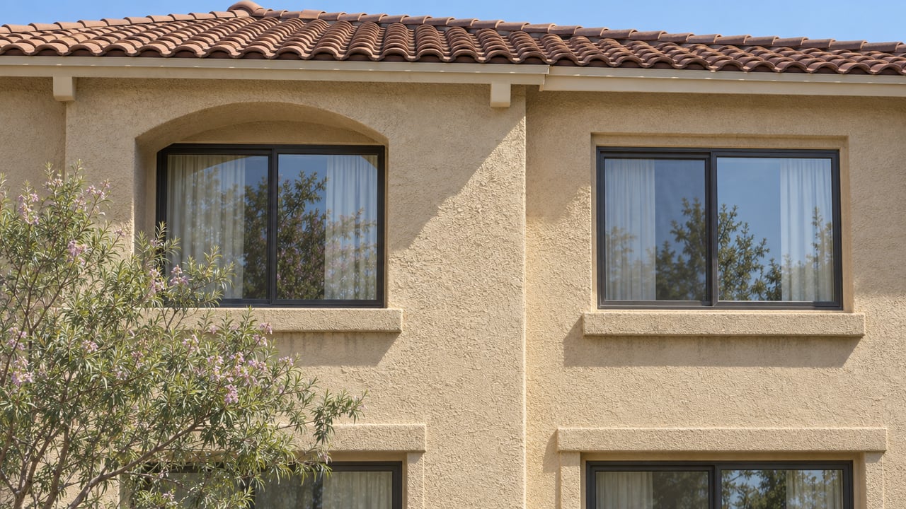 Sunlit sand-colored condo facade with a clay-tile roof, dark bronze windows and a flowering-willow crown.