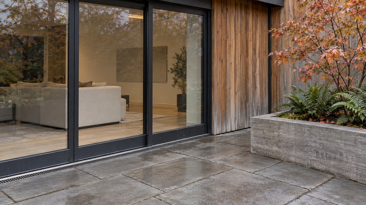 Autumn light on a cedar-clad home, closed dark-framed glass doors and a damp concrete terrace beside a vine maple.