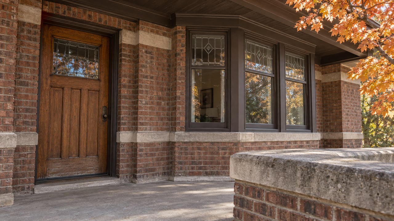 A weathered brick bungalow entry with an oak door, leaded window bay and limestone porch coping beneath autumn maple leaves.