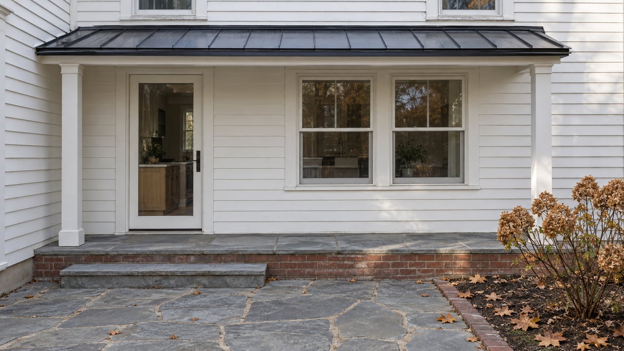 White clapboard home with a glazed kitchen door, covered rear porch, weathered stone steps and dried hydrangeas beside a small flagstone patio.